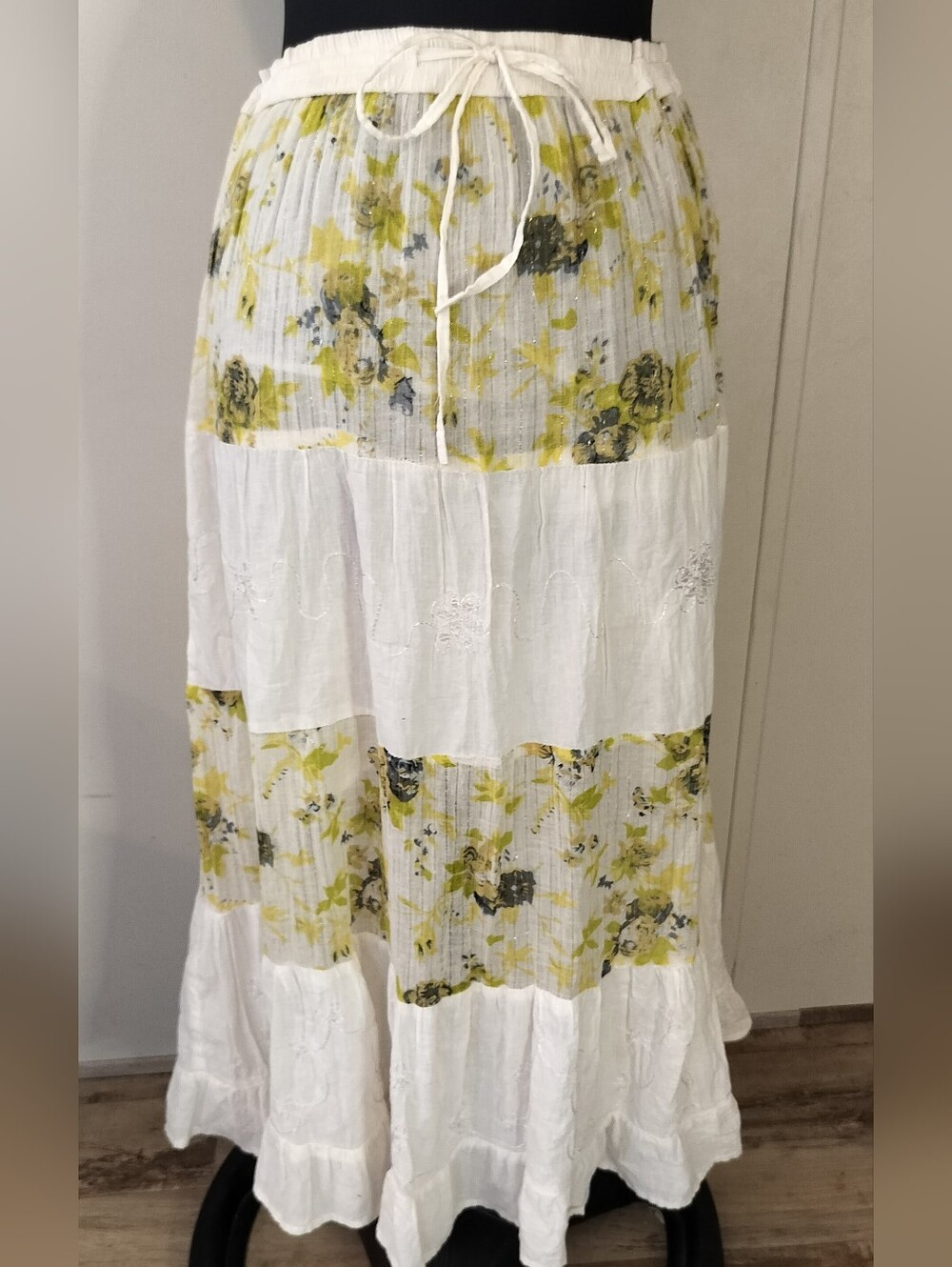 Women's White Floral Tiered Maxi Skirt with Yellow Accents
